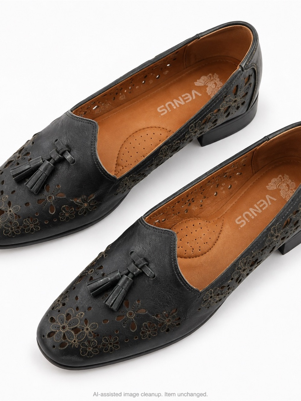 VENUS Black Leather Floral Cutout Tassel Loafers EU 37 Women’s Flats